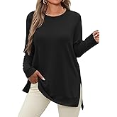JUSTFASHIONNOW Womens Long Sleeve Tunic Tops to Wear with Leggings Crew Neck Side Split Layering Shirts Loose Fit Long Tops