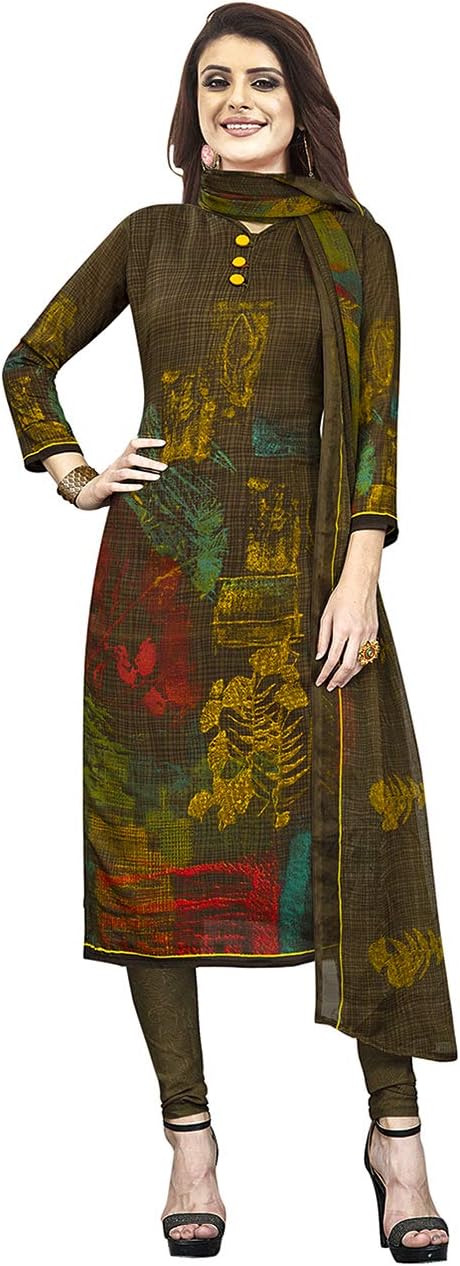 Women's Faux Crepe Brown Floral Print Wrinkle Free Dress Material (Varsha-2889_Brown_Free Size)