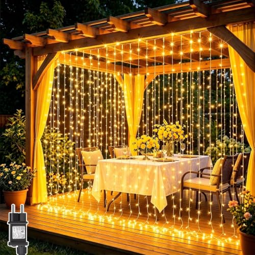 Dekofun 3M x 3M 300 LED Curtain Lights with Socket, Timer, 8 Modes, IP65 Waterproof Waterfall Lights for Outdoor Indoor Home Balcony Garden WeddingTerrace, Warm White
