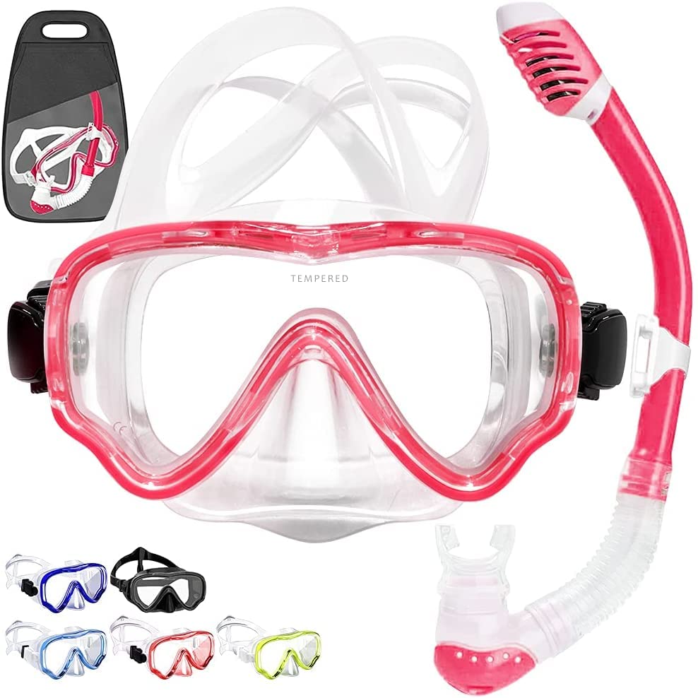 Tyuodna Dry Snorkel Set, 180° Wide View Diving Goggle, Anti-Fog Anti-Leak Tempered Glass Children Safety Scuba Diving Mask, Easy Breathing Face Snorkel Mask Snorkelling Gear for Kids junior (Pink)