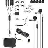 Movo VersaLav-V2 Lavalier Microphone Set for Smartphones, Computer, DSLR or Mirrorless Camera with Two Lapel Microphones, Splitter, Extension Cord, Clip-on Lav Mics for Video, Podcast, Vlog, Interview