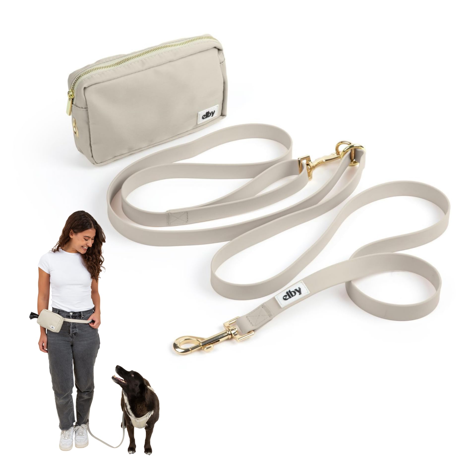 Elby, Hands Free Dog Leash with Treat Pouch - Cross Body Leash with Fanny Pack - Walking Bag for Pet Training – Dog Accessories and Essentials - for Medium and Large Dogs (Beige, Regular)