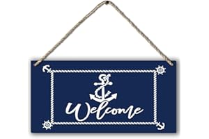 PHAMTE Nautical Anchor with Rope Welcome Navy Blue Printed Wood Plaque Sign Wall Hanging,Rustic Welcome Hanging Wall Signs for Coastal Beach Seaside House Sailboat Port Decor 12 x 6 Inches