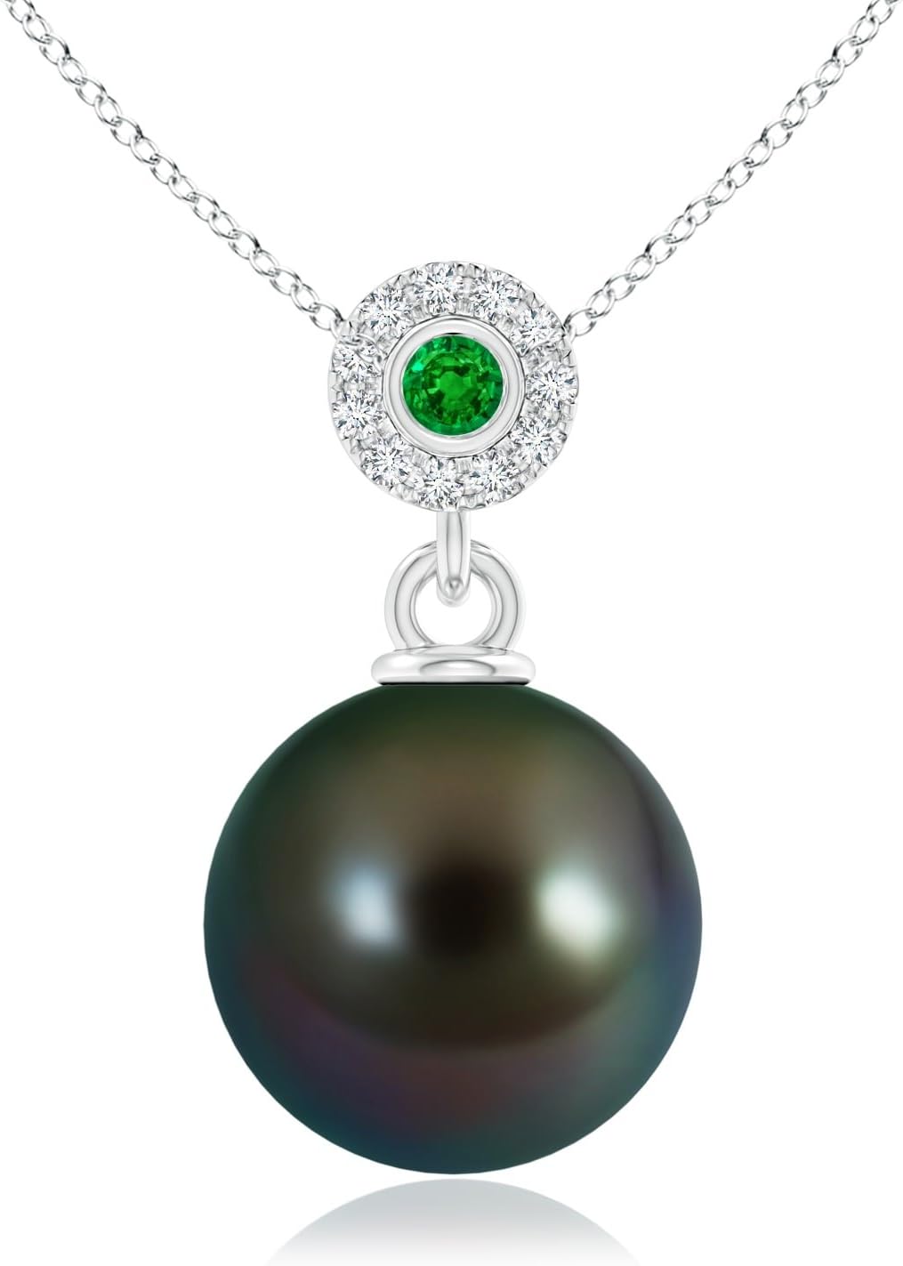 Tahitian Cultured Pearl Halo Pendant with Bezel Emerald (10mm Tahitian Cultured Pearl)