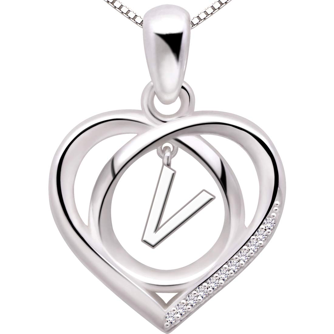 ALOV Jewelry Sterling Silver Initial Letter Alphabet Love Heart Cubic Zirconia Pendant Necklace (V)