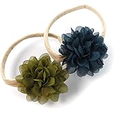 My Lello Baby Girl Rounded Petal Chiffon Flower Nylon Elastic Headbands Set 2pcs - Small - Moss Green/Teal