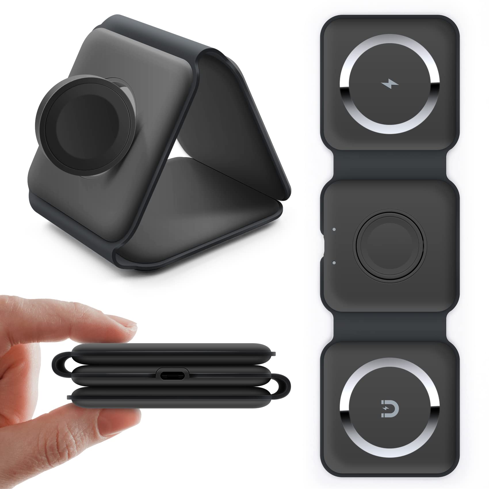 Avarmora Wireless Charger 3 in 1 QI Inductive Charging Station Foldable Wireless Charging Station for Wireless Charging Headset, Apple Watch and iPhone 15/14/13/12/11/ Pro/Max/X/XS/XR /8/8 Plus