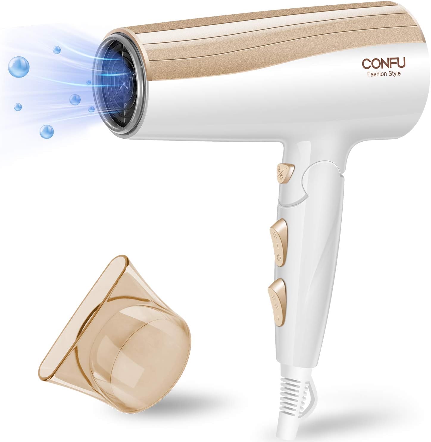 Folding Ionic Hair Dryer, CONFU 2000W Salon Negative Ion Foldable Blow Dryer with Concentrator Nozzle, Compact Portable Fast Drying Hairdryer Blowdryer, 2 Speed/3 Heat Settings DC Motor, UK Plug, Gold