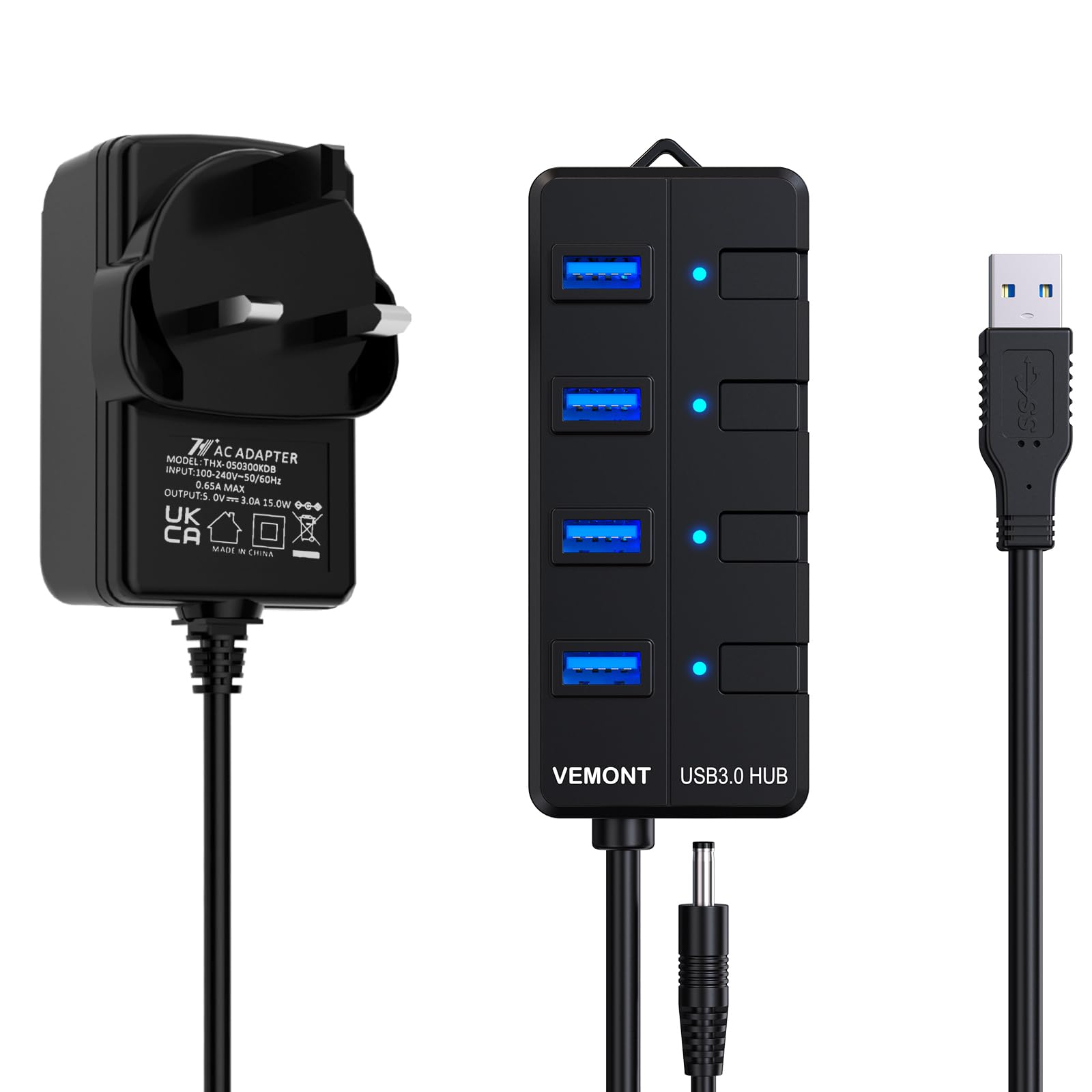 Powered USB Hub 3.0,VEMONT 4 ports USB Hub with 5V/3A Power Supply,Superspeed 5Gbps USB Splitter with Individual on/off LED Switches and 3.9ft/1.2m Long Cable for PC/Laptops/Ultrabooks/Desktops