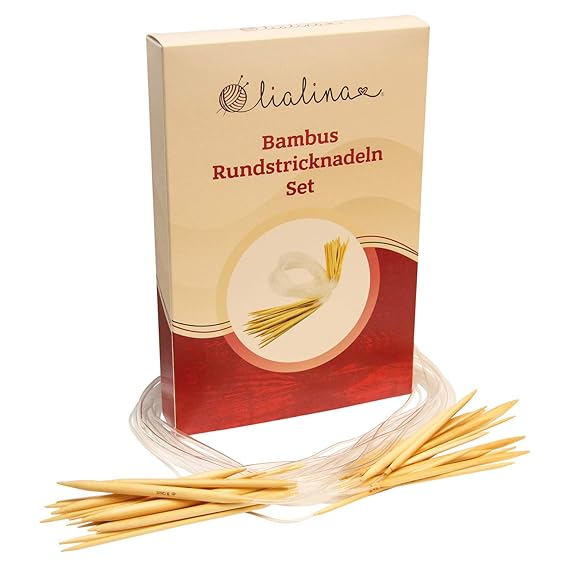 Lialina® 17-er Pack 100 cm lange Bambus-Rundstricknadeln/XXL-Stricknadel-Set aus Bambusholz mit Kunststoffschlauch/Stärken 2 