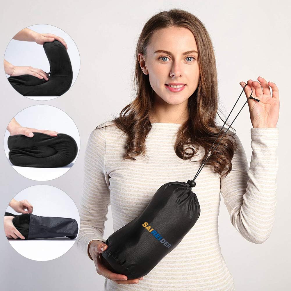 SAIREIDER Travel Neck Pillow for Airplane Sleeping 100% Memory Foam Adjustable Travel Pillows with Storage Bag, Sleep Mask and Earplugs-Prevent The Heads from Falling Forward-Black: Home & Kitchen