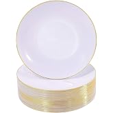 Nervure 100PCS Gold Plastic Plates - 10.25&Prime; Gold Dinner Plates Disposable | Heavy Duty Plastic Plate Ideal for Wedding &amp; Party, BPA-Free, 100 White and Gold Dinner Plate, Gold Rim, High-end