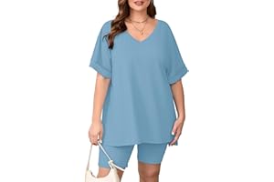 AusLook Plus Workout Sets for Women 2 Piece Sets Short Sleeve Tops and High Waist Leggings Yoga Outfits Sportswear Tracksuits