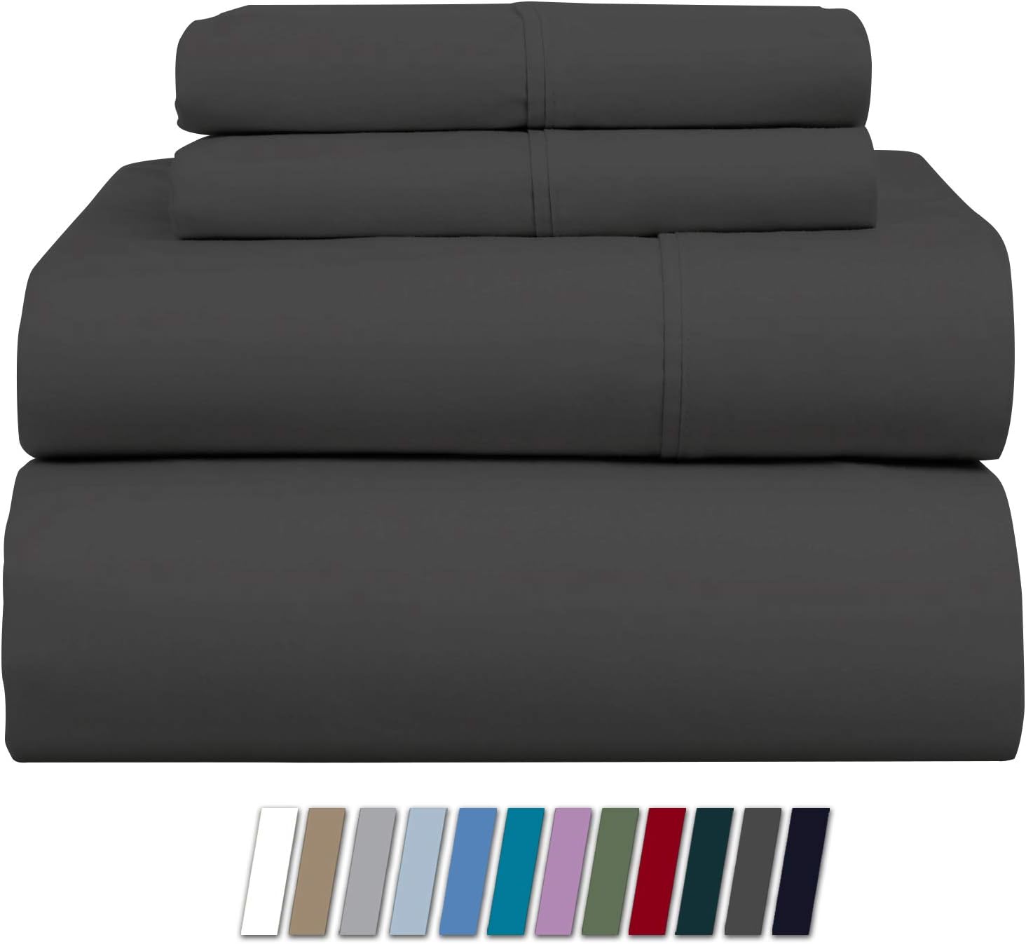 1000-Thread-Count 100% Pure Cotton Bed Sheets - 4 Pc Queen Size Dark Grey Sheet Set, Single Ply Long Staple Combed Cotton Yarns, Best Luxury Sateen Weave, Fits Mattress Upto 17'' Deep Pocket