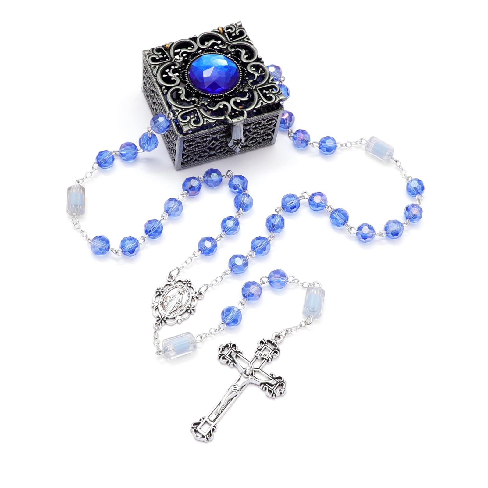 KOMI 8mm Catholic Rosary with Jewelry Box Rosary Beads Catholic for Women Virgin Mary Rosary Necklace with Crucifix Cross with Rosary Box