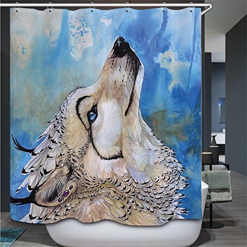 Dodou Decor Shower Curtain Wolf Head Painting Effect Artistic Design Print Shower Curtain Polyester Waterproof Fabric Bathroom Accessories with Hooks(72" x 72")