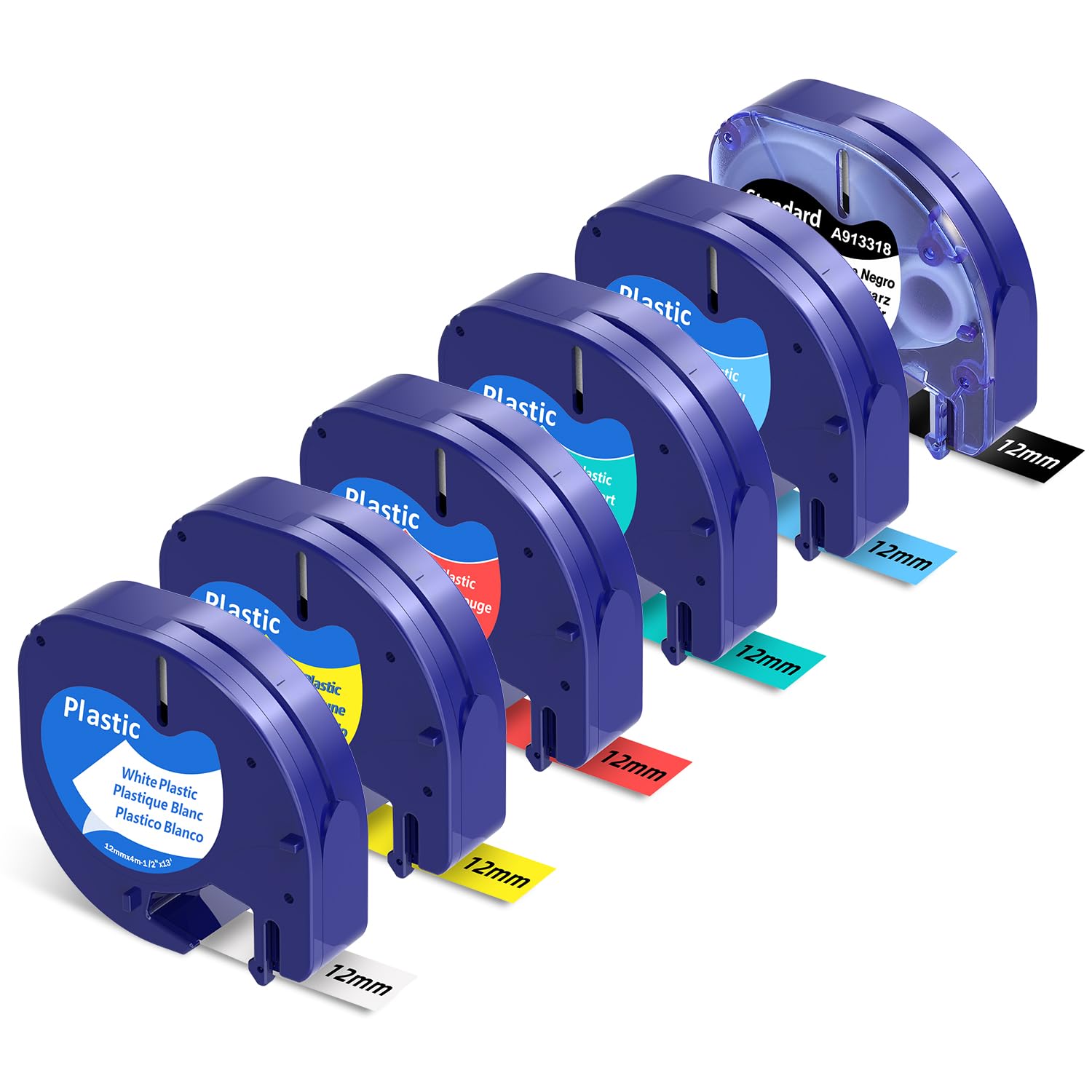 6X Replacement for Dymo Letratag Refills 12mm x 4m Colored Plastic Tape Compatible with Dymo LetraTag LT-100H LT-100T XR QX50 200B Label Makers, White/Yellow/Blue/Red/Green/Black Muticolour Tapes