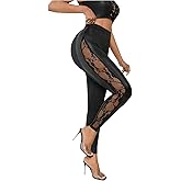 OYOANGLE Women's Cut Out Sexy Leggings Sexy Skinny Mesh See Through Lace Contrast Pants Party Clubwear