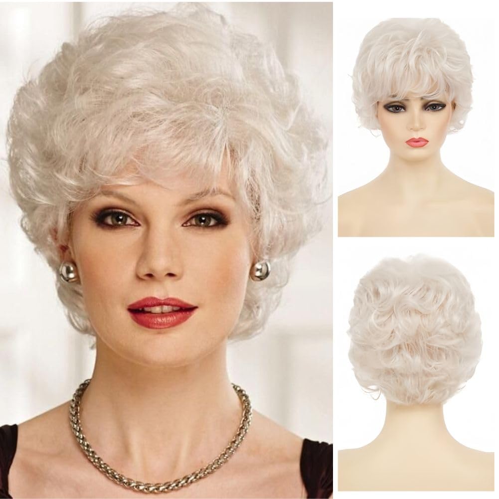 Siudus White Short Curly Wigs for Women Fluffy Natural Looking Old Lady Hair Wig Heat Resistant Fiber Daily Cosplay Wig