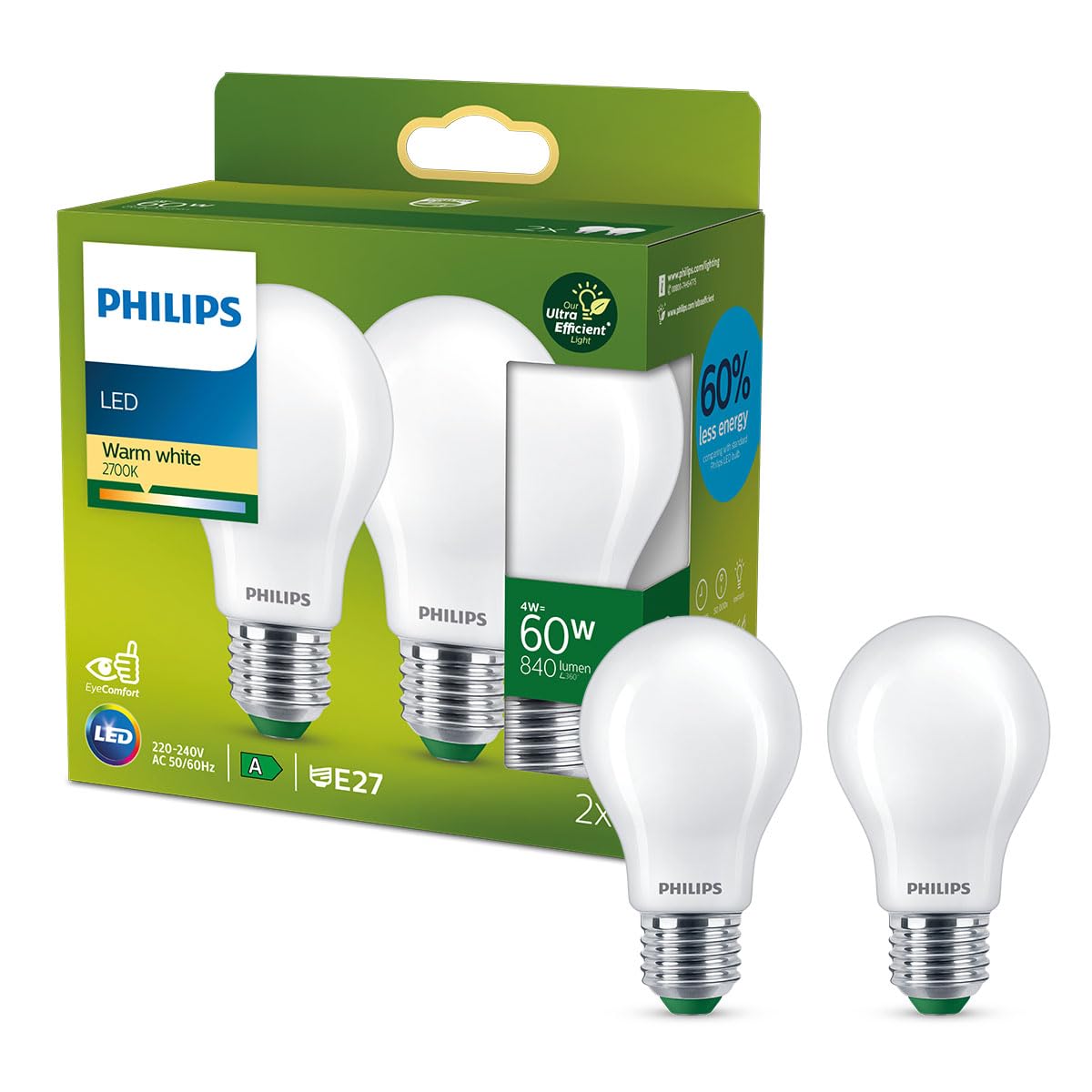 PHILIPS Ultra Efficient - Ultra Energy Saving Lights, LED Light Source, 60W, E27, A60, Frosted Glass, Warm White Light, 2700 Kelvin, Non dimmable, 2-Pack — image 1