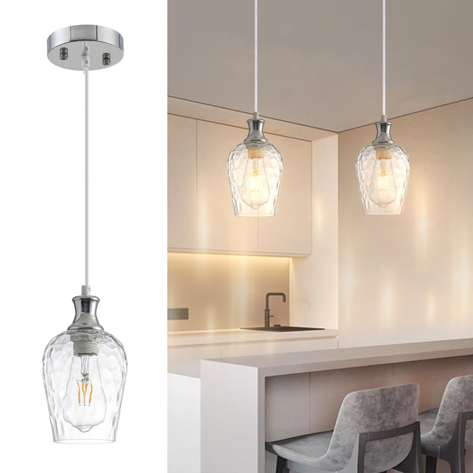Photo 1 of JULiN HOME Glass Pendant Lights Kitchen Island, Farmhouse Brushed Nickel Pendant Light with Clear Hand-Blown Glass Shade, Modern Hammered Glass Hanging Light Fixture for Dining Room Bedroom Hallway