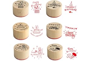 JZTang 6 Pcs Wooden Stamps Set Round Wooden Rubber Stamps for Card Making Happy Birthday Pattern Rubber Stamp for DIY Craft Card and Scrapbooking (Happy Birthday Stamps)