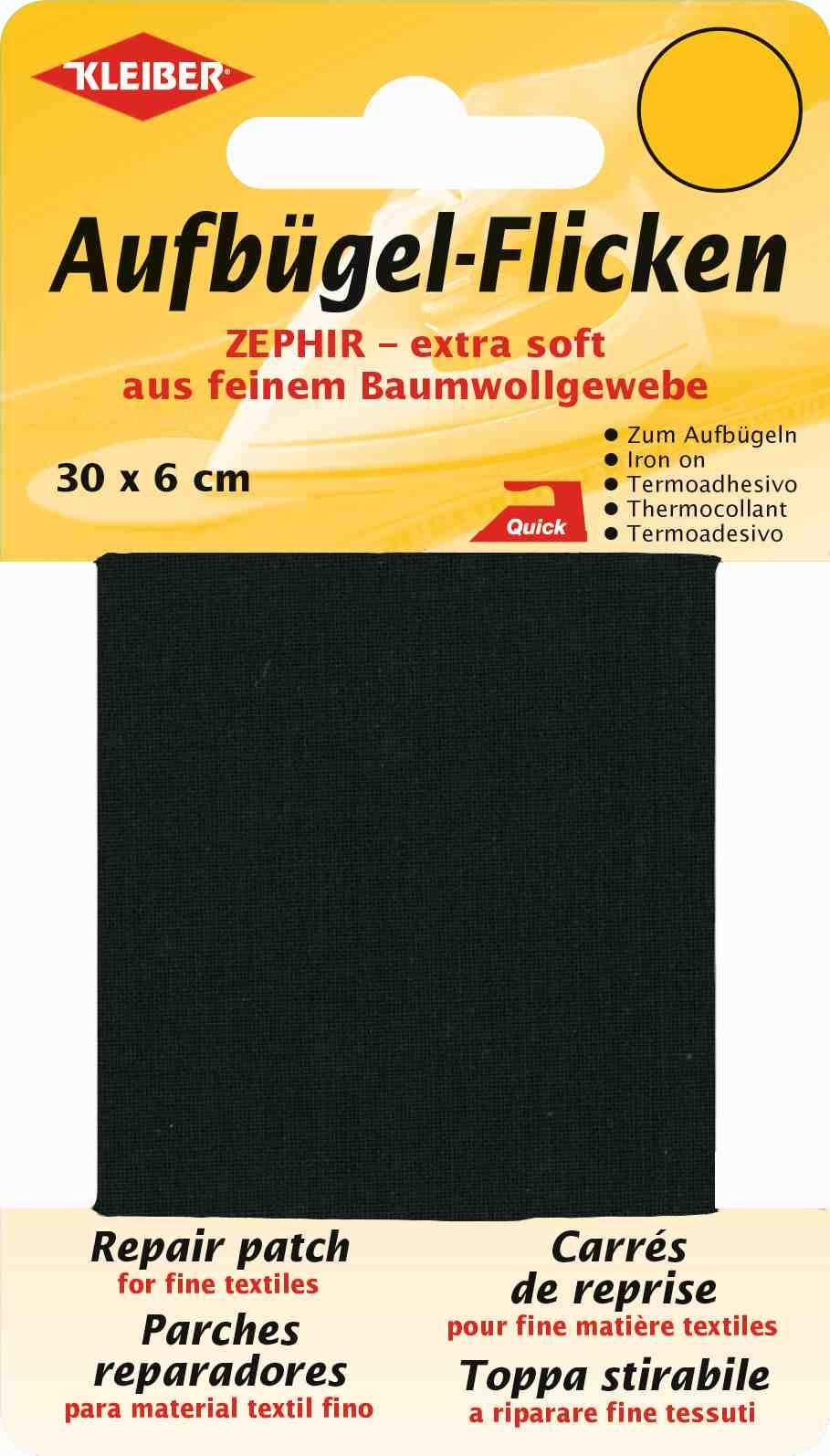 Kleiber Extra Soft Fine Cotton Iron-On Repair Tape, Black – 30 x 6 cm Mending Patch