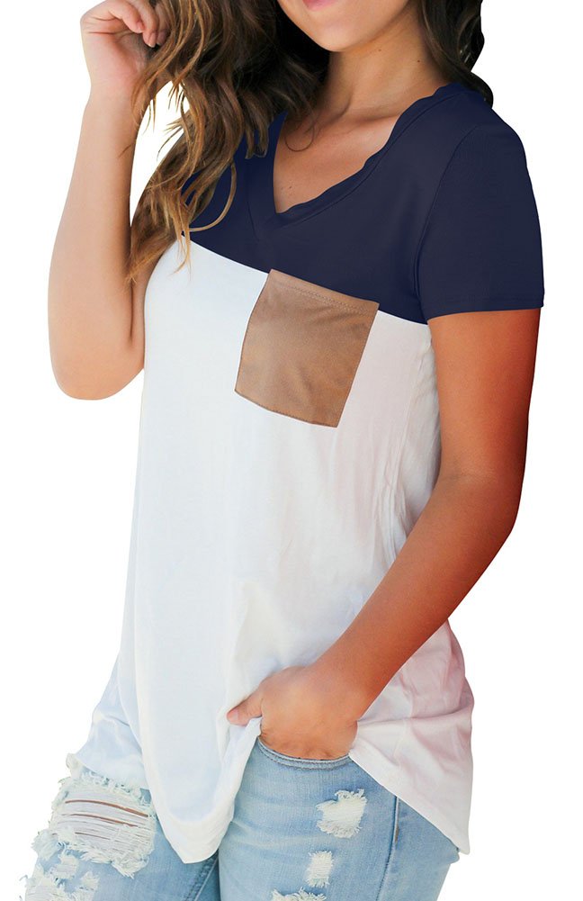 Short Sleeve V Neck Tee Shirts Tops Blouse with Suede Pocket Navy M