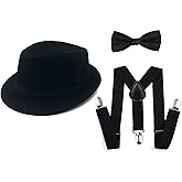 1920s mens Accessories Fedora Gangster Hat Costume Accessory Y-Back Suspenders & Pre Tied Bow Tie,Men's Roaring 20s Set Manhattan Hat