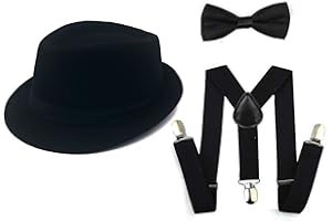 GCFIYPP 1920s mens Accessories Fedora Gangster Hat Costume Accessory Y-Back Suspenders & Pre Tied Bow Tie,Men's Roaring 20s Set Manhattan Hat