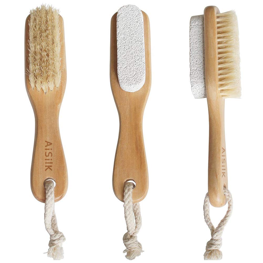 Aisilk Foot Natural Bristle Brush & Pumice Stone Combo W/Rope wooden handle - Exfoliator Pedicures Calluses Remover - Smoother Body skin, feet, elbow Scrubber for Massage SPA Sauna and more: Beauty