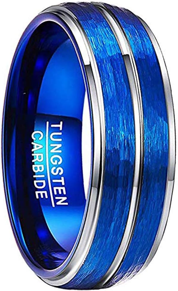 VAKKI Men's 8mm Blue Domed Tungsten Carbide Rings Hammered and Brushed Finish Wedding Bands Step Edge Comfort Fit Size 7-12