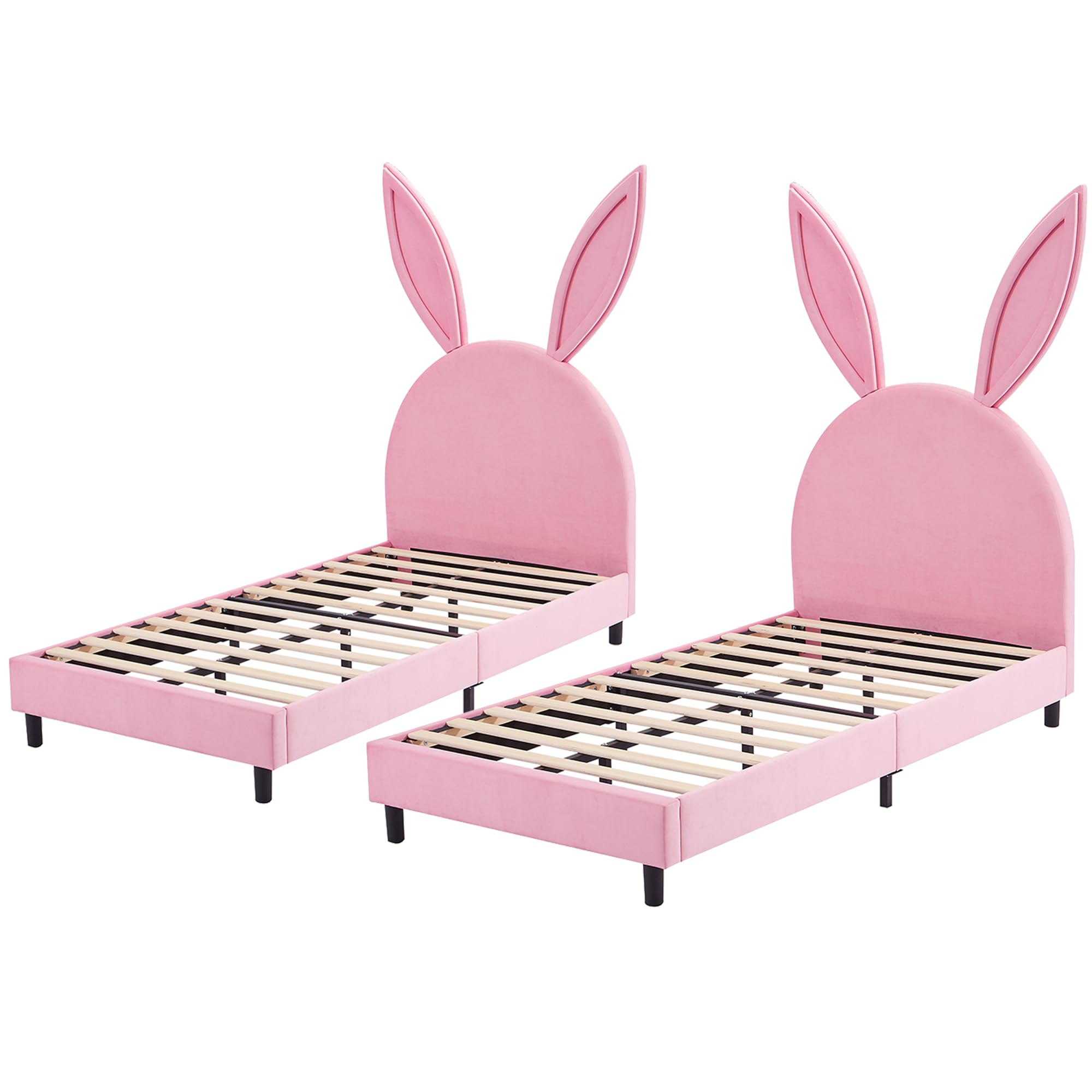 VECELO Twin Size Bed Frame Set of 2, Upholstered Platform Bedframe with Bunny Ear Headboard, Strong Wood Slat Supports, No Box Spring Needed, Pink