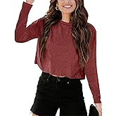 Tankaneo Women Long Sleeve Crop Tops Loose Crew Neck Cropped T-Shirts Drop Shoulder Casual Basic Tees L-Blue