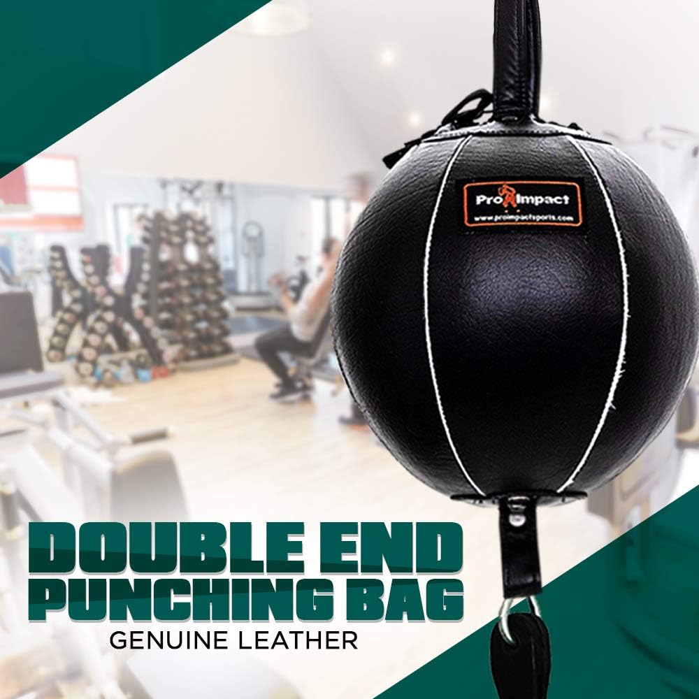 Pro Impact Genuine Leather Double End Boxing Punching Bag - Speed Striking & Dodge Training Ball - Includes Cords & Hooks for Gym Workout MMA Muay Thai (9 Inch) : Sports & Outdoors