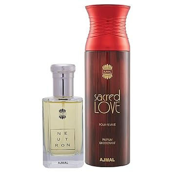 Ajmal Neutron EDP Citrus Fruity Perfume 100ml for Men and Sacred Love Deodorant Floral Musky Fragrance 200ml for Women+ 2 Parfum Testers FREE