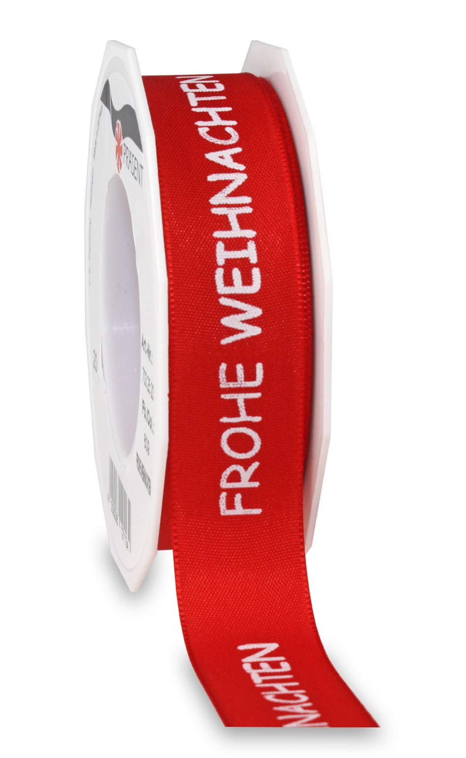 Präsent - Frohe Weihnachten Printed Ribbon Red 25 mm Width, 20 m Length