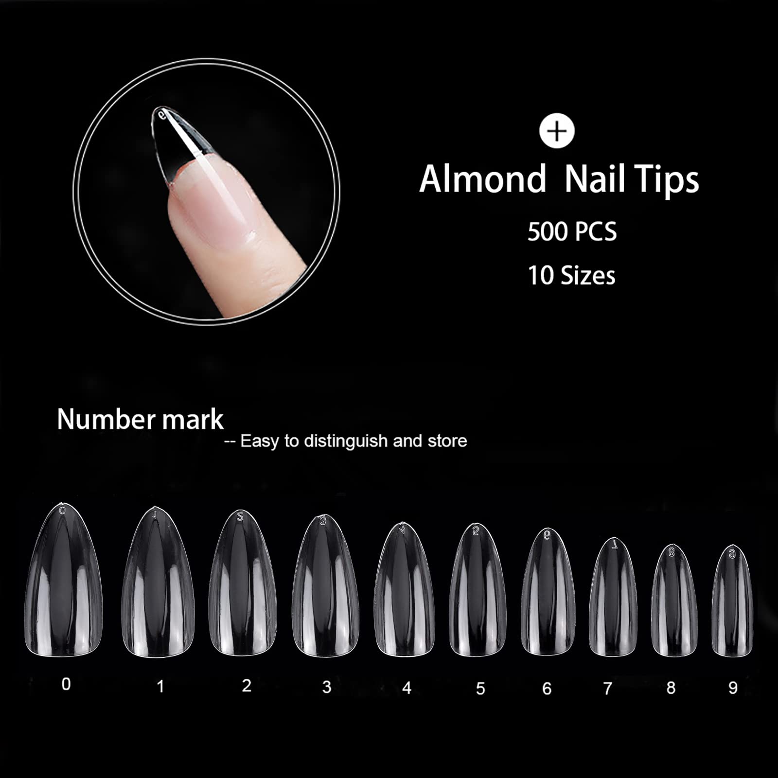 500Pcs Medium Almond Fake Nail Tips Full Cover Clear Acrylic Nails Press on Nails for DIY Nail Art, 10 Sizes - Image 2