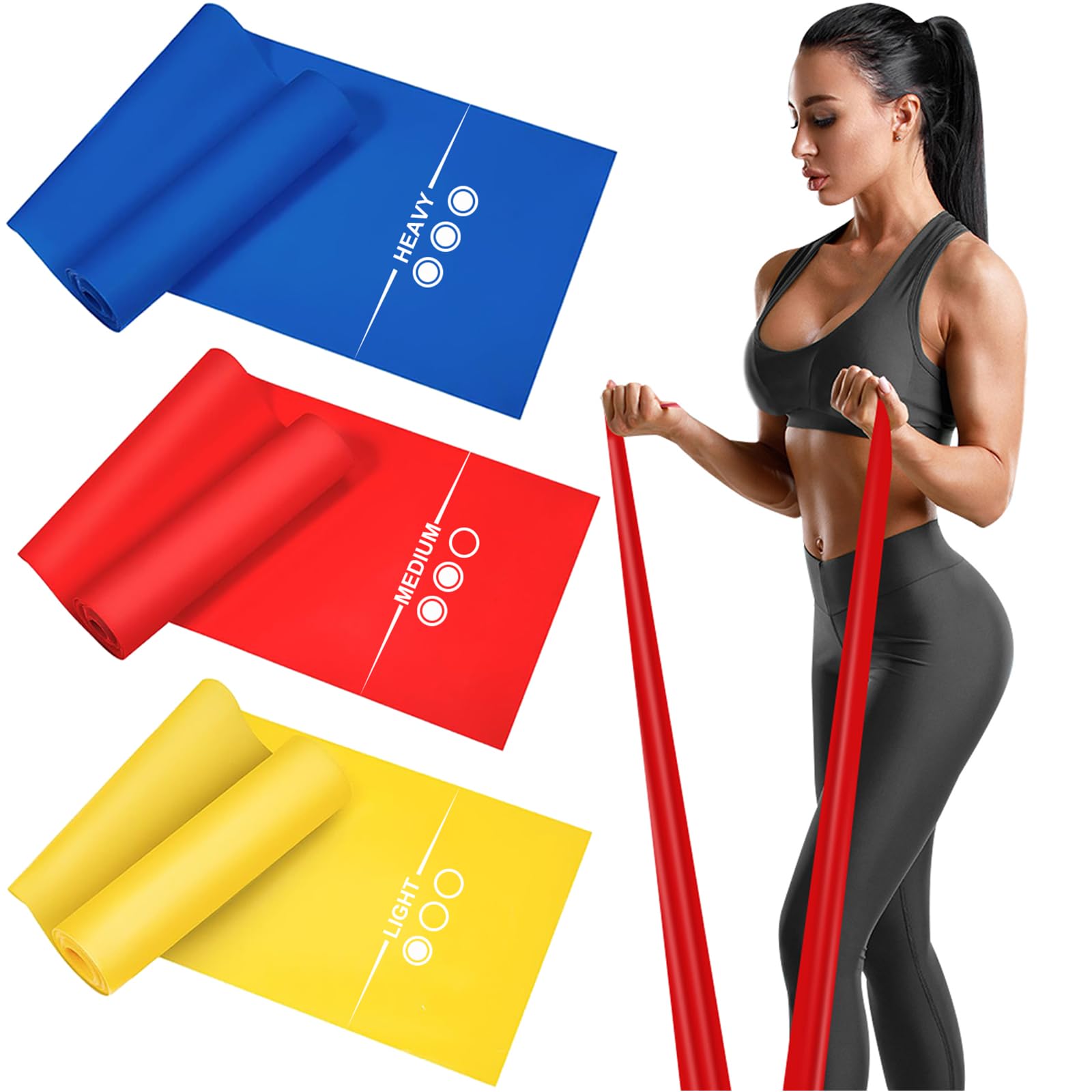 Haquno 3 Pack Exercise Resistance Bands Set with 3 Resistance Levels-1.5M Exercise Bands Resistance for Women and Man,Ideal for Strength Training, Yoga, Pilates,Blue- Red - Yellow