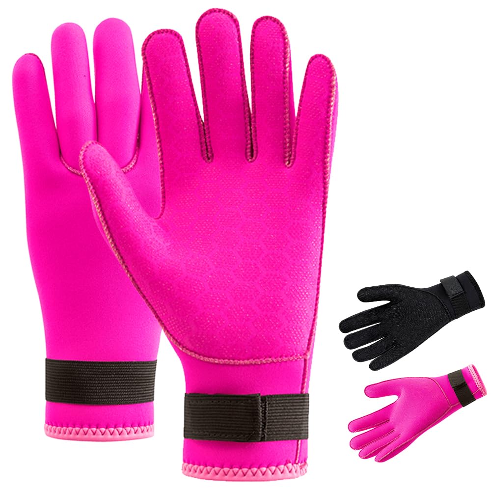 HINATAA 3mm Neoprene Diving Gloves, Anti-Slip Warm Neoprene Swimming Gloves, Thermal Wetsuit Glove with Adjustable Waist Strap for Snorkelling, Swim, Scuba Diving, Paddling, Kayaking (Pink, M)