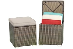 MEDIMALL Patio Wicker Ottoman Set of 2, Multipurpose Outdoor Footstool w/Removable Cushions, Rattan Side Table w/Storage, Footstool Ottoman Seat for Garden, Backyard, Poolside (Beige)