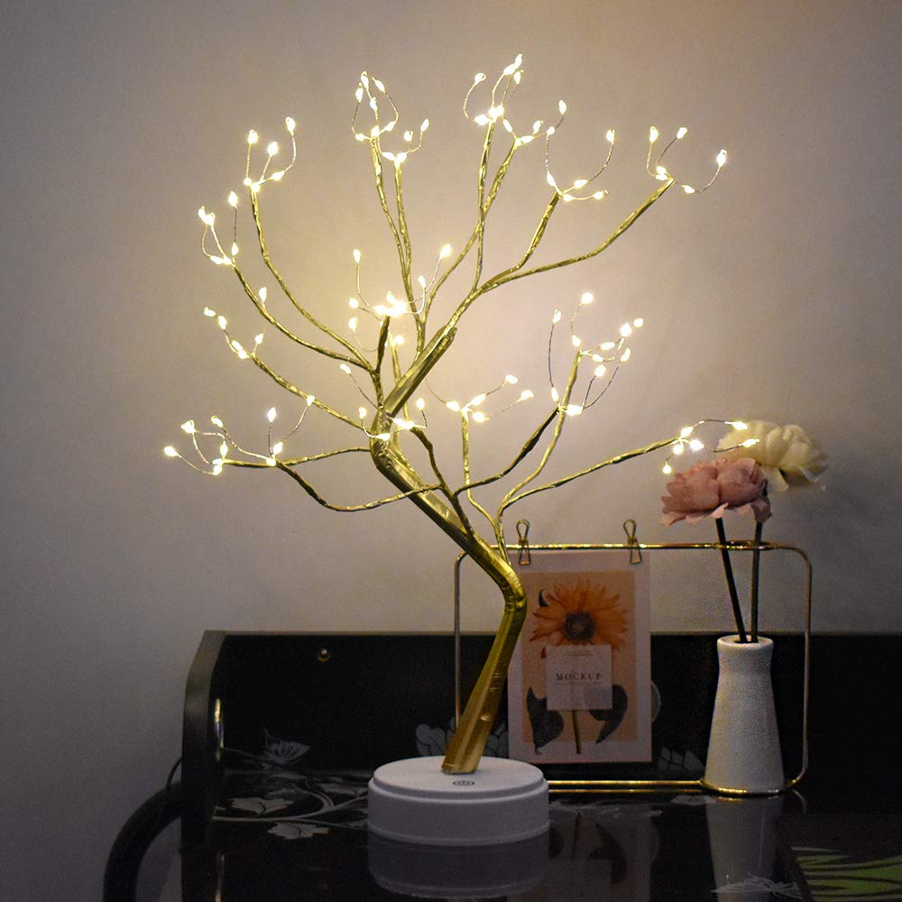 BuyWin Novelty Copper String Tree Light Starry Tree Night Lamps Battery&USB Powered LED Table Lights Firefly Tree Lights Decor for Wedding Bedroom, Everyday Home Decorations(Gold)