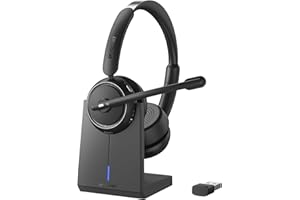 SKYCOMET Wireless Headset with Mic for Work, Bluetooth Headset with Mic (AI Noise Canceling & Mic Mute), Wireless Headphones with USB Dongle & Charging Base for Work/Home/Call Center/PC/Computer/Zoom/Teams