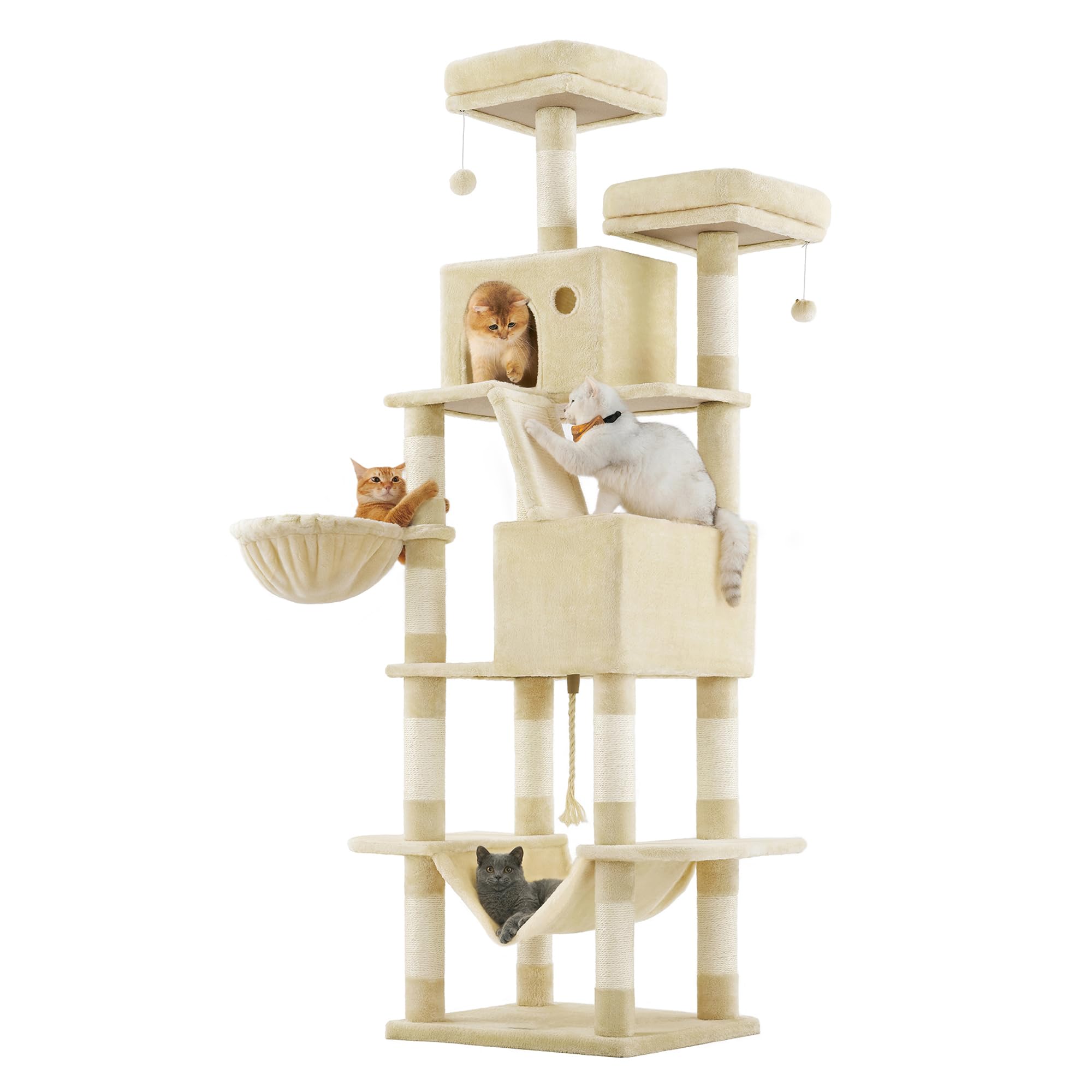 Feandrea Cat Tree, 81.1-Inch Large Cat Tower, Multi-Level Plush Condo with 13 Scratching Posts, 2 Perches, 2 Caves, Basket, Hammock, Pompoms, Beige UPCT190M01 Image