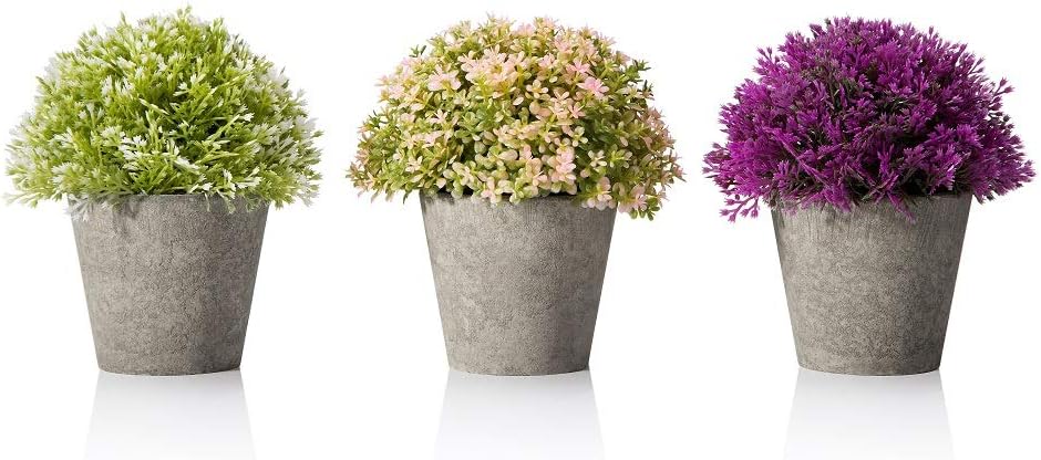 Opps Mini Artificial Plastic Colorful Topiary Plants in Gray Flower Pot for Home Décor – Set of 3