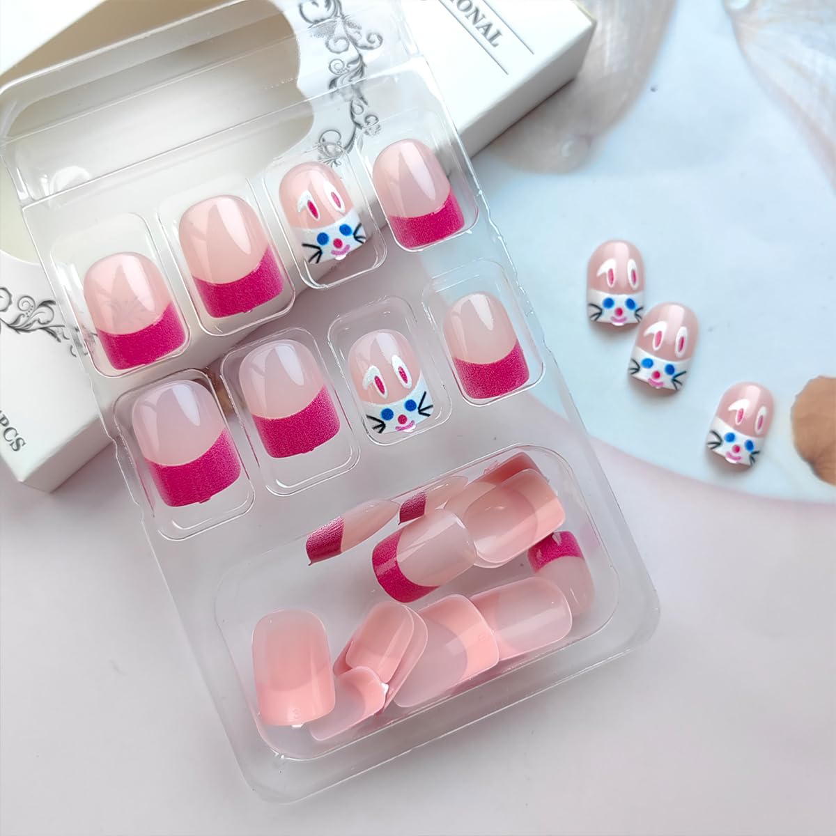 24Pcs Pink French Tip Press on Nails Short Square Easter Fake Nails Cartoon Rabbit Nails Tip Design Cute Full Cover Glue on Nails Bunny False Nails Glossy Stick on Nails for Women Holiday Nails Decor - Image 4