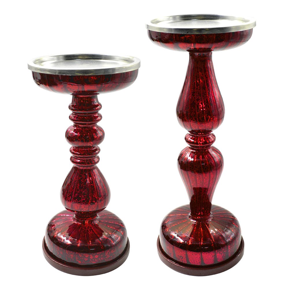 Dolucky Illuminated Mercury Glass Pedestal Pillar Candle Holder Set of 2 Red