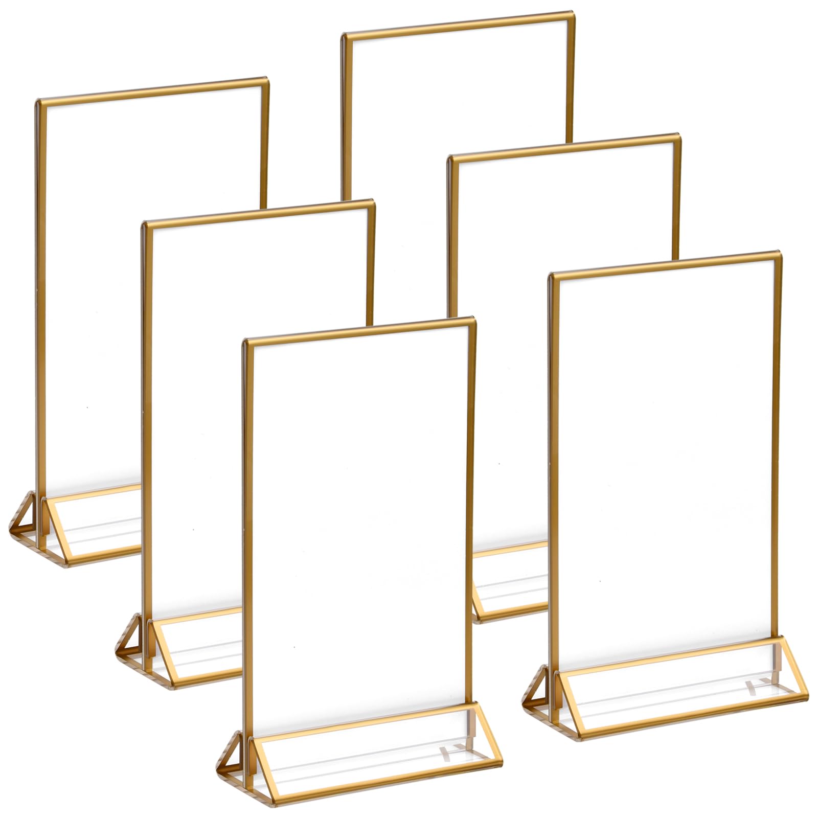 Elitecran 6 Pack Acrylic Sign Holder with Gold Border, Double Sided Clear Table Menu Display Stand, T Shaped Vertical Poster Menu Holder, Plastic Sign Frame for Wedding Office Store Restaurant