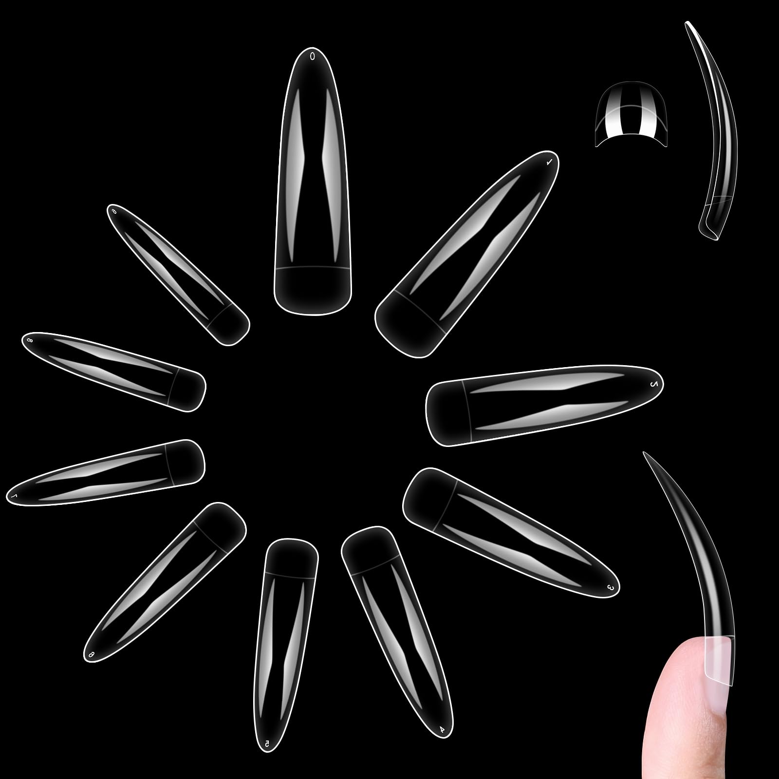 NOVO OVO Hallowee 500 pcs Half Cover Extra Long Hawk Curved Stiletto/Almond Nail Tips, XXL 2XL Sharp False Nails for Acrylic, Clear QUEEN STILETTO CURVE Eagle Claw Gel Extension x 10 Sizes in Bag