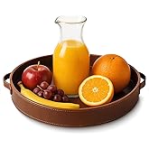 Stitched Round Leather Tray with Leather Handle Ideal for Serving Coffee Drinks Ottoman Tray for Office Home Kitchen Snack Counter Centerpiece Storage (Light Brown (16 x 16 Inch)